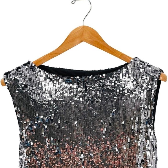 Alice + Olivia Gunmetal Silver Sequin Bateau Neck Sheath Party Dress Size S - Picture 8 of 9